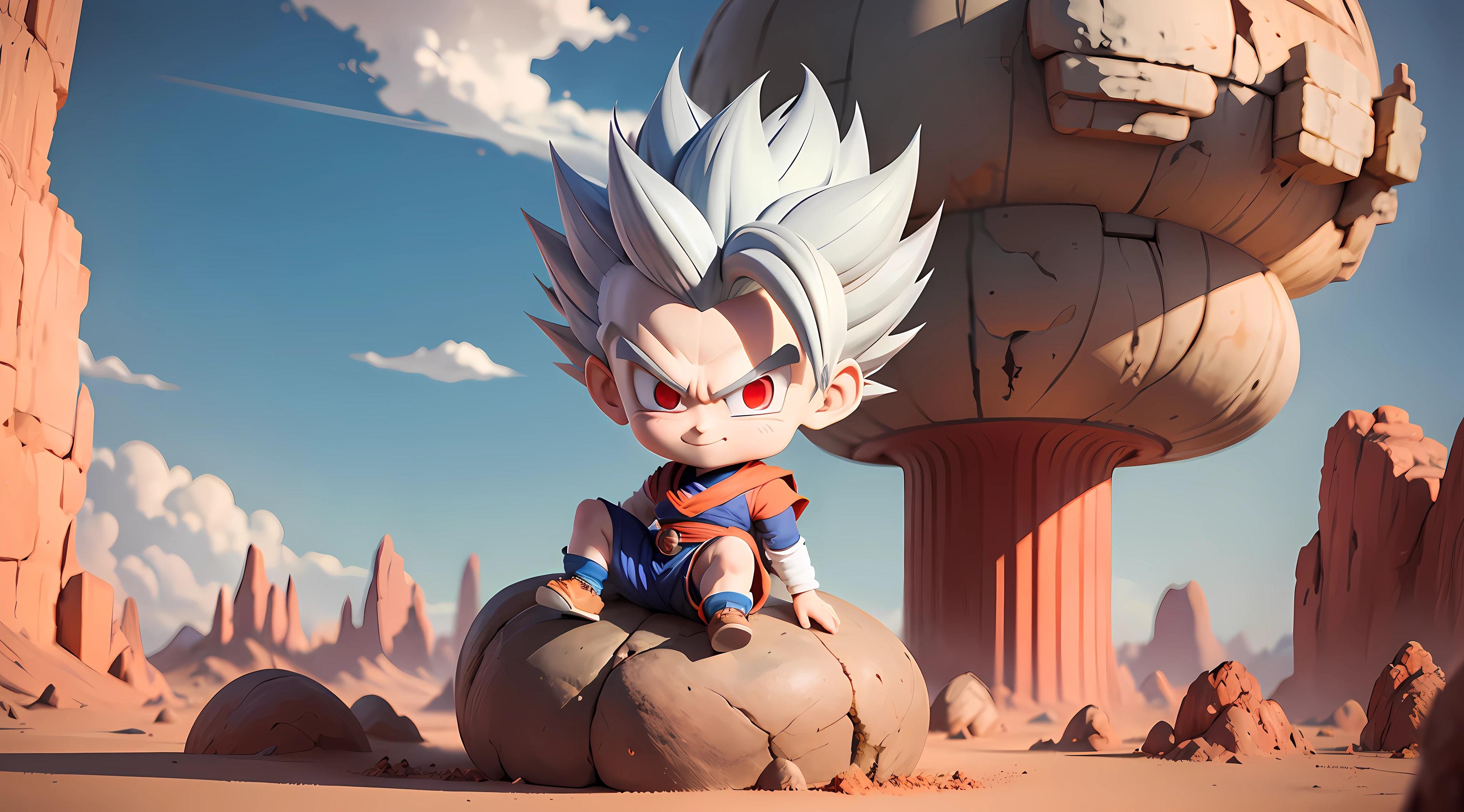 masterpiece, best quality, ultra-detailed, Adult Gohan 1boy, solo, Full body, evil smile, grey hair, spiked hair, red eyes, dougi, full body, looking at viewer, male focus, earth \(planet\), planet, space, cracked ground and rocks rising up, rubble rising,