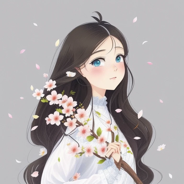Uma pintura de uma mulher com longos cabelos pretos e um vestido branco, Soft anime illustration, Por Ni Duan, com flores congeladas ao seu redor, linda pintura de personagem, a beautiful art illustration, autor:Mei Qing, lindo estilo de arte, inspirado em Ma Yuanyu, anime illustration, cute illustration, arte digital detalhada fofa, lindo estilo de desenho, por Ai Xuan, japanese illustrator
