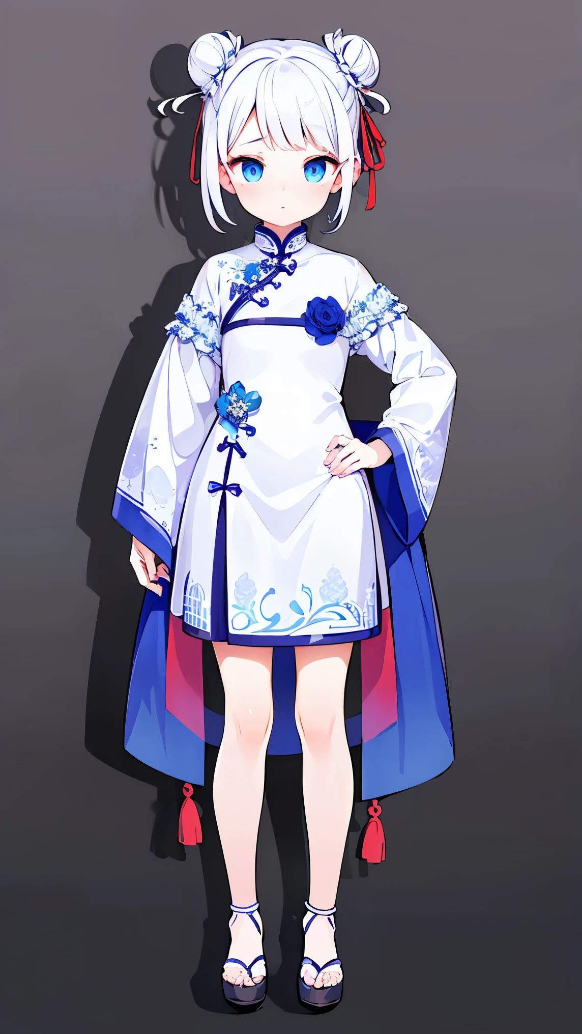 (Girl1,round face,blue eyes),(white hair,bun hairstyle),(short white Qipao Dress,The dress is decorated with beautiful patterns),full body,standing,Highly detailed ,8K wallpapers،Highest quality, high resolution, beautiful lighting,detailed shadow, high resolution،highly detailed,(detailed faces and eyes,realistic eyes)
