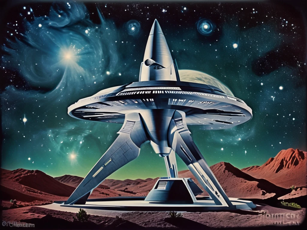 a spaceship slightly similar to the Enterprise from Star Trek in a retro 1950 version, cor estilo technicolor anos 1950,fotografia hiperrealista, 