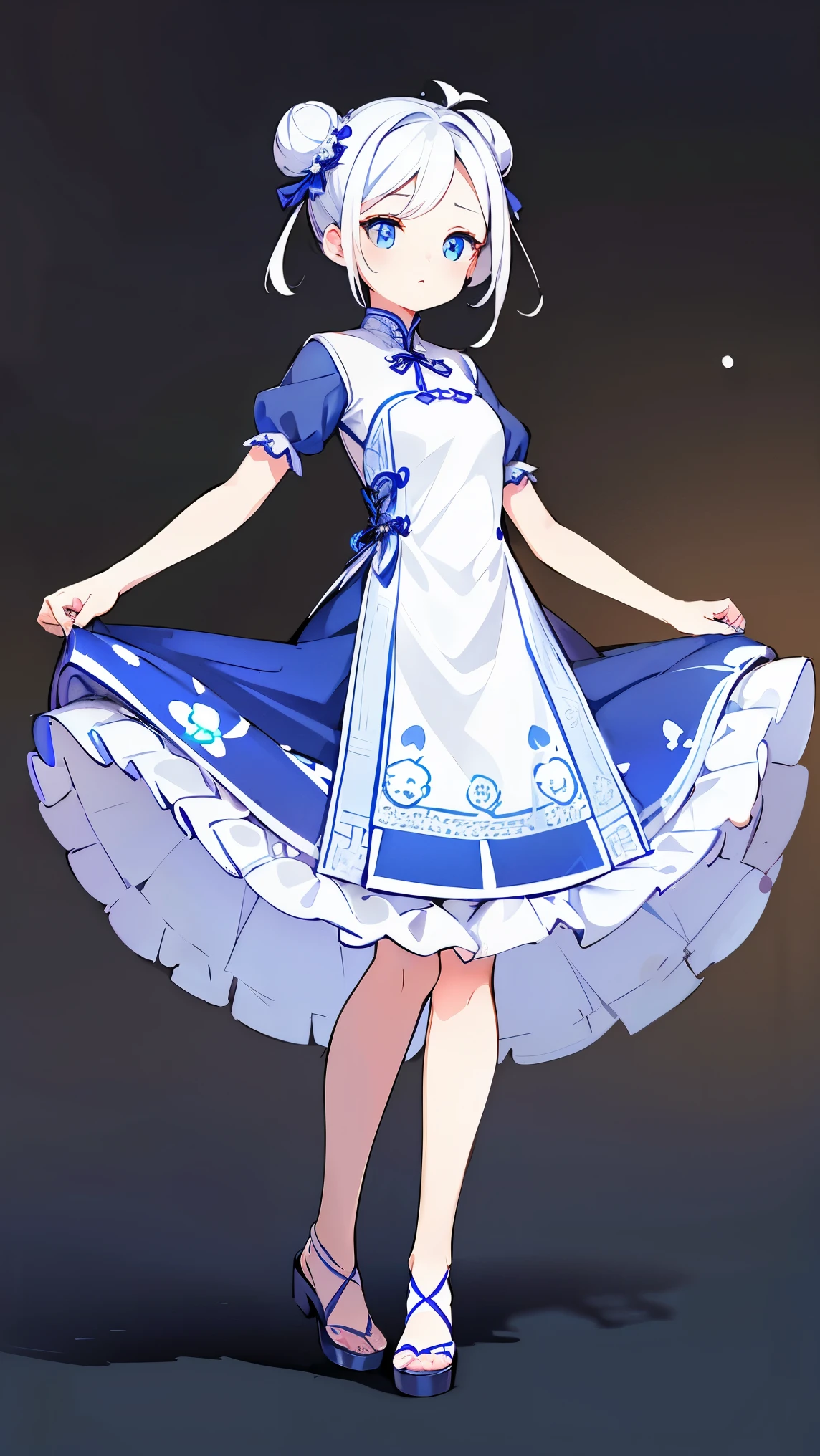 (Girl1,round face,blue eyes),(white hair,bun hairstyle),(short white Qipao Dress,The dress is decorated with beautiful patterns),full body,standing,Highly detailed ,8K wallpapers،Highest quality, high resolution, beautiful lighting,detailed shadow, high resolution،highly detailed,(detailed faces and eyes,realistic eyes)