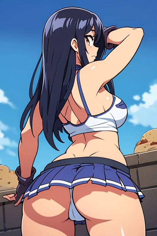 cowgirl's massive rear butt hole from behind out of bottomless spaghetti strap tank top out bare and wet mini skirt spreading her legs, gloved hands hidden behind head, sunglasses