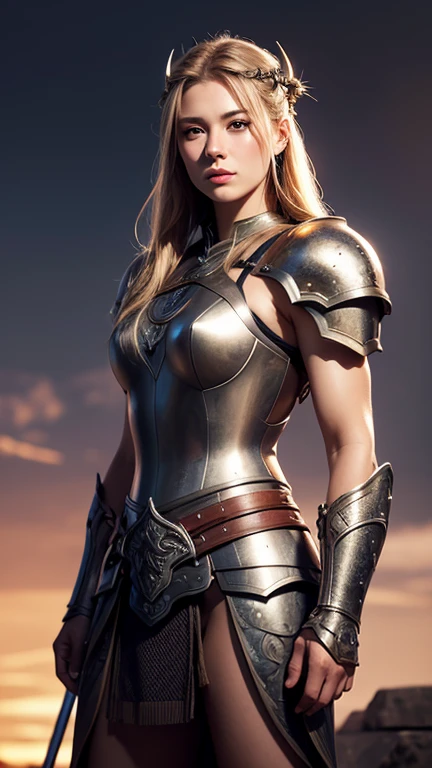 photorealistic mixed niji style a beautiful young female Viking in metal armor standing on ancient Viking ship, medium long body shot, beautiful muscles, light soft, soft atmosphere and reduce background lighting