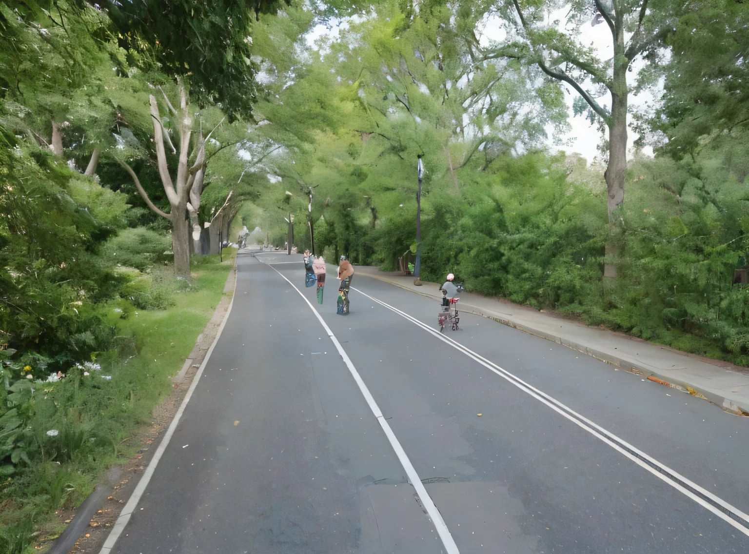 several people are riding their bikes down a street in the middle of the day, found on google street view, google street view, google maps street view, streetview, central park, street view, rollerskaters, diana levin, photo 8 k, houses, park in background, looks realistic, kids, joel sternfeld