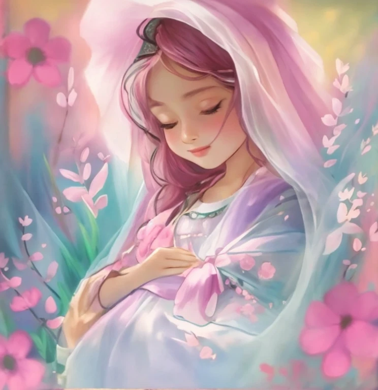 gera um desenho caracterizado por suas cores suaves e linhas delicadas, ethereal and dreamy - The image shows a woman holding a hat surrounded by stylized flowers and plants.
- She is wrapped in a translucent veil - The colors are soft and pastel, with a predominance of pink tones, branco e preto,