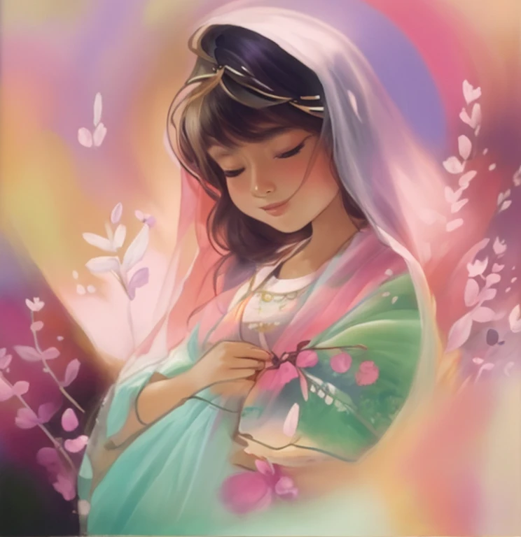 gera um desenho caracterizado por suas cores suaves e linhas delicadas, ethereal and dreamy - The image shows a woman holding a hat surrounded by stylized flowers and plants.
- She is wrapped in a translucent veil - The colors are soft and pastel, with a predominance of pink tones, branco e preto,