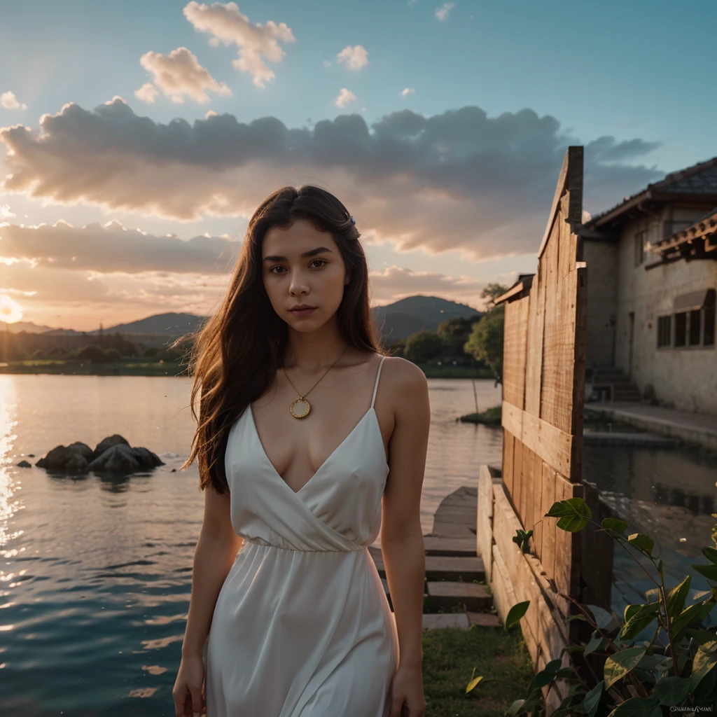 1 girl, calm facial expression, Mesmerizing eyes, straight long hair, flowy dress, balanced posture, porcelain skin, subtle blush, crystal pendant BREAK golden hour, (rim lighting):1.2, warm colors, solar flare, soft shadows, bright colors, scenic effect, dreamy atmosphere BREAK picturesque lake, distant mountains, willow, calm water, reflection, sunny clouds, peaceful atmosphere, An idyllic sunset, ultra detailed, official art, unity 8k wallpaper , confused, mandala
