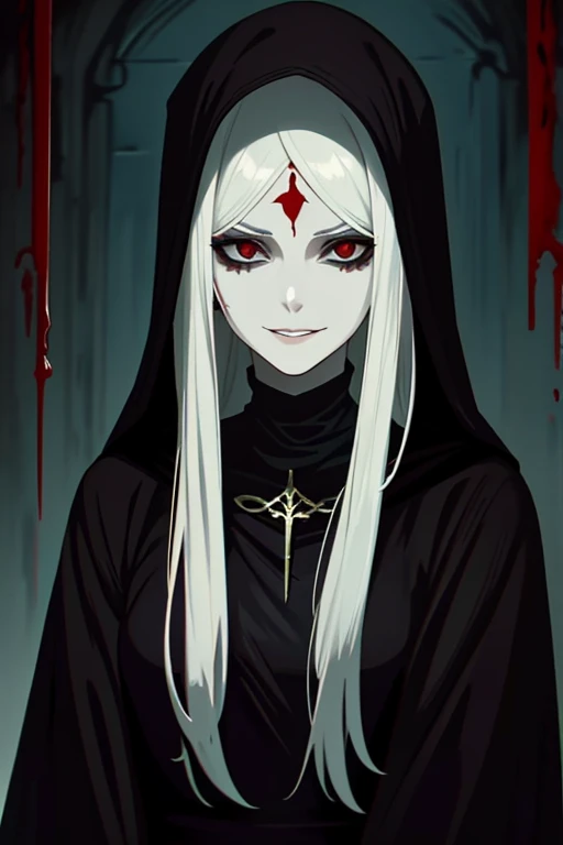 Pale, Creepy cultist, dark elf, low dim lighting, dark chamber, smirk, blood on her face,