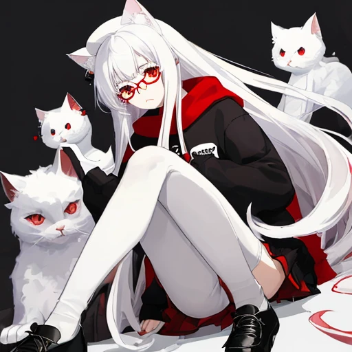 16 year old girl,long white hair,White cat ears,red eyes,red beret,Black-rimmed glasses,Red sweatshirt,black skirt,white socks,black leather shoes