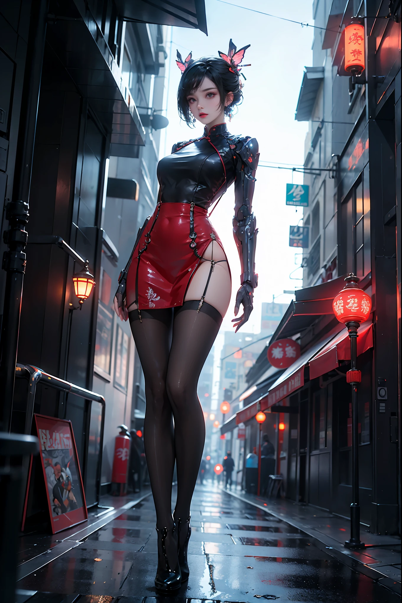 Masterpiece, Best quality, A high resolution, 1girll,From below, (Very thin and straight legs), (Very long legs, Straight legs), High heels,long leges,standing on your feet, Long legs as seen from the front, Perfect body,with perfect legs,(exteriors),full bodyesbian,cyber punk perssonage,dynamicposes,1 girll, Elaborate Eyes, Brown eyes, eye shadows, putting makeup on, long whitr hair, detailed face, detailed eyes, looking at viewer, blusher\(putting makeup on\), full pouty lips, Redlip, (long whitr hair:1.3), (standing on your feet)Mechanically static,Mechanical summoning,(hair adornments:1.1),head gear,Red suit ,Red ,(black lence stockings,Stocking suspenders),City,Luminescent windings,Glowing butterflies,Cyberpunk lights:1.1),neonlight,Fully mechanical and futuristic elements,technologies,The background is a traditional Chinese street,china town, the street, Skysky, cyber punk perssonage, paper lanterns, Neon Super Resolution,(realistic:1.3),(Slim:1.2),dramatic lights,vibrant detail,Luxurious cyberpunk,the complex background,rendering by octane,