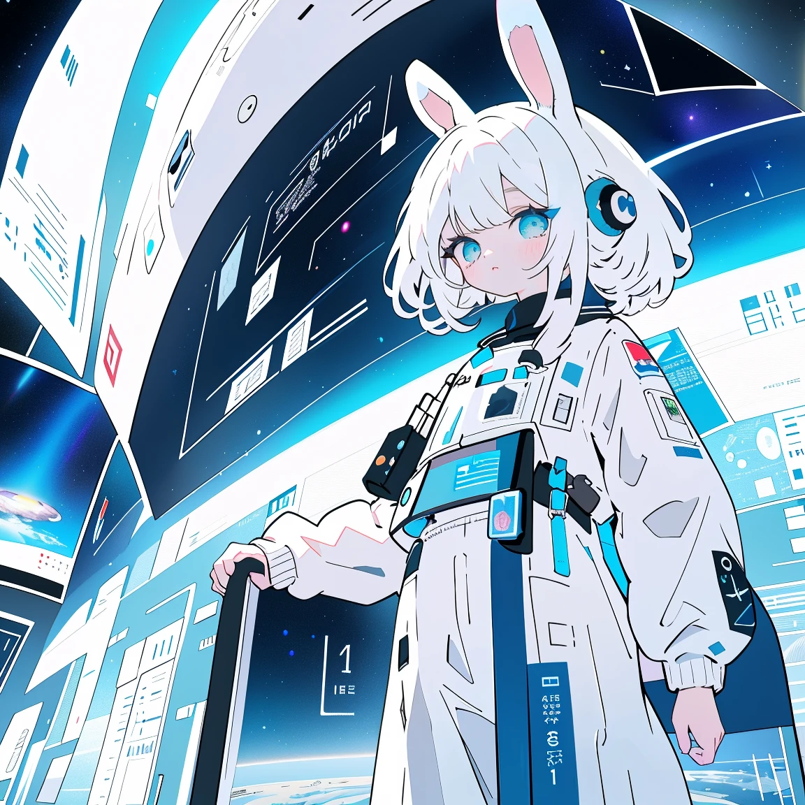 （（best qualtiy））， （（tmasterpiece））， （（ultra - detailed））， （illustratio）， （Detailed light）， （Extremely refined and beautiful）， （（A cute girl with rabbit ears sits inside a spaceship and looks out the window：1.2）），（（cowboy lens））， standing on your feet， Stylish white sweatshirt， Stylish white sports trousers， （beautidful eyes）， long  white hair， colored inner hair，（A spaceship cockpit full of technology）， outerspace， milky ways， negative space， Detailed background