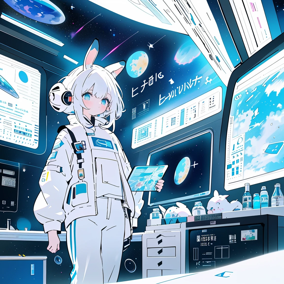 ((best qualtiy)), ((tmasterpiece)), ((ultra - detailed)), (illustratio), (Detailed light), (Extremely refined and beautiful), ((A cute girl with rabbit ears sits inside a spaceship and looks out the window:1.2)),((cowboy lens)), standing on your feet, Stylish white sweatshirt, Stylish white sports trousers, (beautidful eyes), long white hair, colored inner hair,(A spaceship cockpit full of technology), outerspace, milky ways, negative space, Detailed background