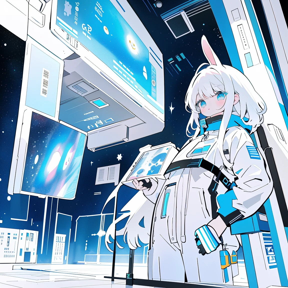 ((best qualtiy)), ((tmasterpiece)), ((ultra - detailed)), (illustratio), (Detailed light), (Extremely refined and beautiful), ((A cute girl with rabbit ears sits inside a spaceship and looks out the window:1.2)),((cowboy lens)), standing on your feet, Stylish white sweatshirt, Stylish white sports trousers, (beautidful eyes), long white hair, colored inner hair,(A spaceship cockpit full of technology), outerspace, milky ways, negative space, Detailed background