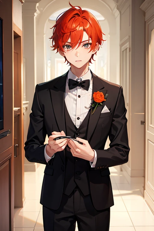 1boy, orange red hair, gray eyes, fancy clothes
