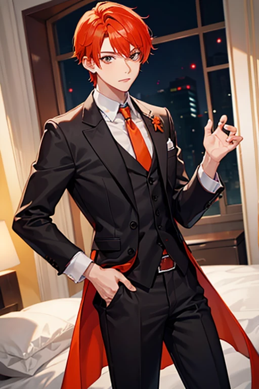 1boy, orange red hair, gray eyes, fancy clothes
