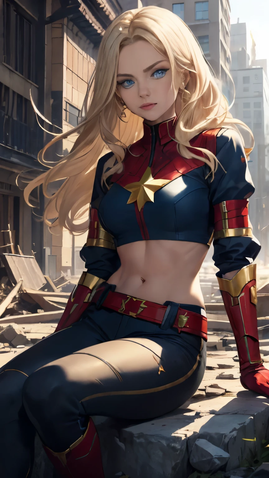 (Highly quality, masterpiece, detailed), destroyed city detailed scenario, destroyed city detailed background, solo, 1 woman, gold hair, long hair, blue eyes, cptMarvel, Cropped top 1.4, sleeves, red gloves, belt, sitting on a rock, beautiful eyes, look at the viewer, Sexy pose 