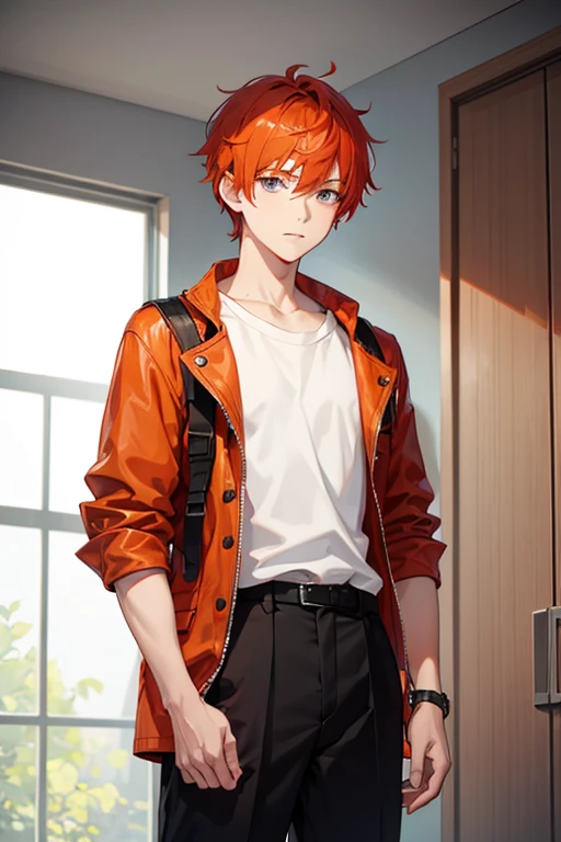 1boy, orange-red hair above shoulders, gray eyes, stylish clothes