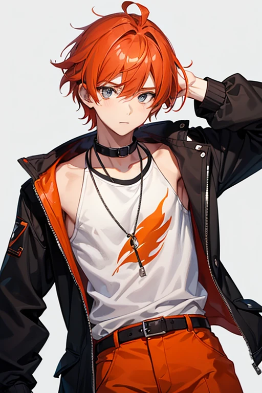 1boy, orange-red hair above shoulders, gray eyes, stylish clothes