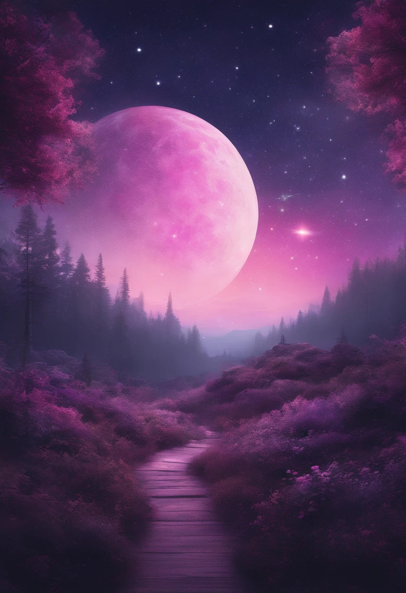 ((HG)), A captivating ((photorealistic image)) of a ((dreamy night sky)) featuring ((a fulmoon)) and an array of twinkling stars. ((Galaxy)), creating a sense of depth and fantasy. ((soft dreamy ethereal atmosphere.)) This stunning 3D render, showcasing an aesthetic blend of cosmic and dreamy elements, calm pink and purple tone,