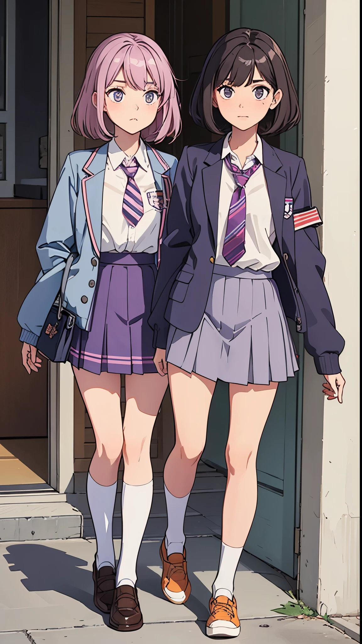 The girls in this school wear box pleated skirts in lavender and they reveal their legs from the knees down. They're paired with striped socks and wedge shoes colored in tangerine and lavender respectively. they also wear short-sleeved shirts, which are usually carelessly hanging over their skirts and are covered with a classic jacket. They too wear a tie that neatly rests in the middle of their often half buttoned-up jackets and is checkered in the same colors. All jackets are adorned with a small school logo and, although slightly disapproved, many students wear school-colored accessories, some do it simply to avoid being confused for somebody else.
