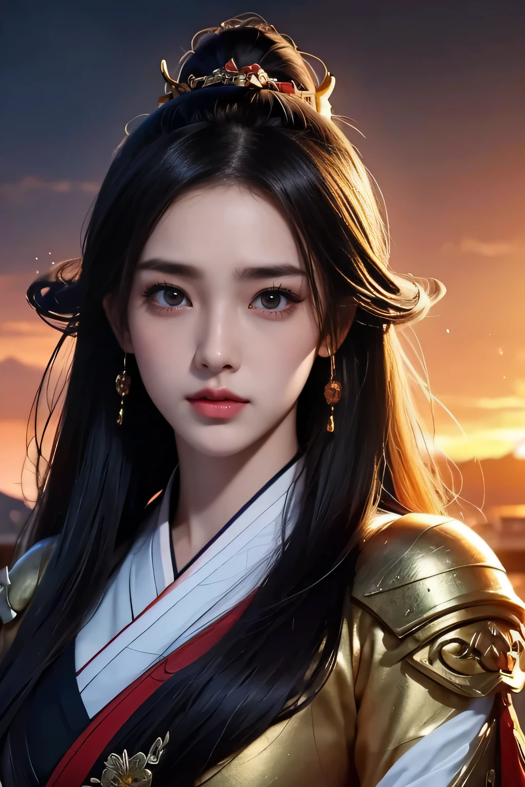 Onmyoji, Japanese, hyper detail, warm colors, difficult details, volume, Art by artgerm, sparkling eyes, dvArch Modern, 85 mm, F1.8, portrait, Photorealistic, hyperrealistic, orange, Ultra detailed, difficult, dramatic, sunset lighting, eyeshadow, wide dynamic range