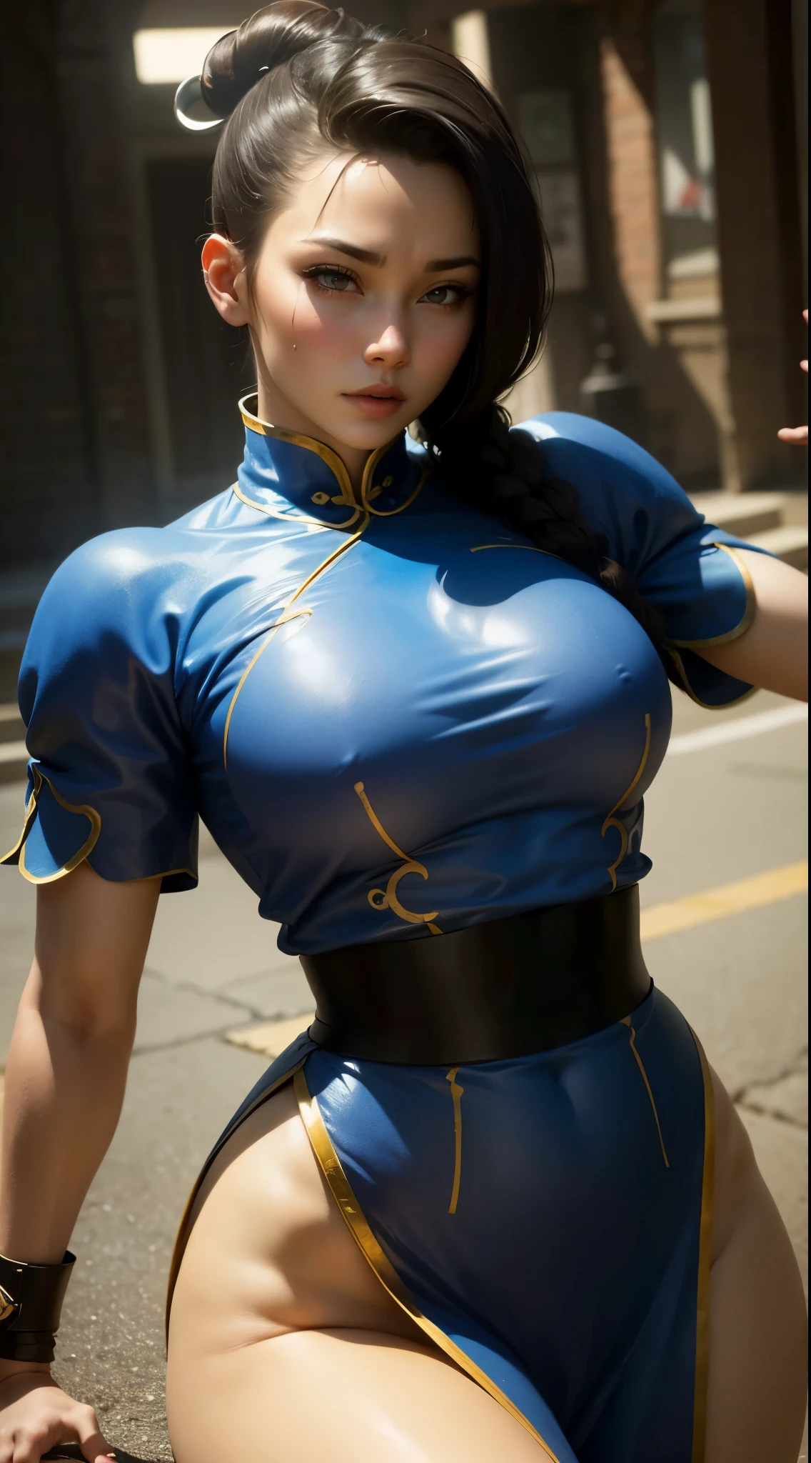 Crie uma obra-prima hiper-realista de Chun-Li sexy, corpo musculoso e sexy, the iconic character from the sixth Street Fighter game. Capture your dynamic fighting stance and powerful kicks with exquisite detail. (roupa sexy, erotic costume, maior enfiado no bundao, xota marcada, seios grandes, seios grandes, chun-li gostosa erotica)« The image must be in high definition (hard disk) and rendered in stunning 8K resolution, mostrando todos os recursos e texturas intrincados. Pay special attention to the fine details of Chun-Li's costume, incluindo seu vestido qipao tradicional e penteado de chifre de boi exclusivo. Use dramatic lighting to increase the intensity of the scene, emphasizing your strength and determination. This photographic request aims to immortalize Chun-Li as a true work of art, mostrando sua beleza seu corpo malhado e gostosa, Grace and prowess in the martial arts. Pornographic Images