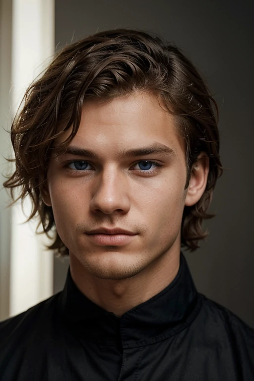 This picture shows a realistic 18-year-old man with a classy appearance who has curly blond hair and wears a black shirt. The man's face is highlighted, showing his well-defined features. It exudes a sense of wisdom and experience. The picture is a close-up, which allows us to focus on his stunning appearance. The man's blue eyes add depth to his gaze, drawing the viewer in. The entire composition is elegant and refined, which makes the man appear confident and charismatic. This image is the perfect representation of a mature person with a unique sense of style.