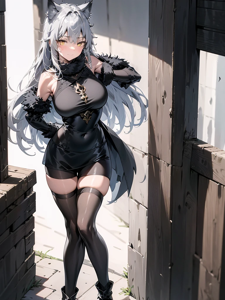 Full body portrait, single woman, especially detailed face, masterpiece, 4k, wallpaper, highlydetailed face, ultra-detailed face, voluptuous, big breasts, curvy, long hair, gray-silver hair, a young wolf woman, wolf ears, wolf tail, long wolf tail, wolf-like irises, beautiful, enchanting, bright yellow eyes, detailed eyes, ultra-detailed eyes, accurate eyes, detailed irises, correct body proportions, elegant, small vertical scar under right eye, small rosy lips, big breasts, slender elegant arms, pretty hands, detailed hands, charming, slight blush, smug smile, black stylish shorts and top outfit, detached sleeves, light black armor, armored bike shorts, two piece outfit, black armored fur cloack, black metal armor, bare off shoulders, toned abs, exposed belly, standing pose, hands on hips pose, cute pose, black silk thighigh on the left leg, sole girl