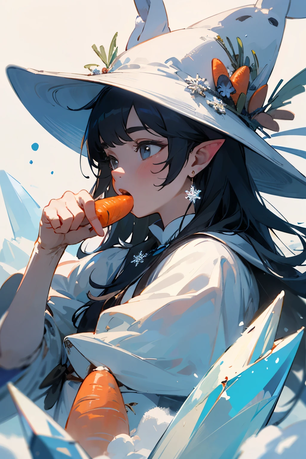 Snow white all over,Ears like snowflakes,crystal clear,But the size is no bigger than the palm of your hand,With a carrot in his mouth,Rabbit with a magic hat on his head