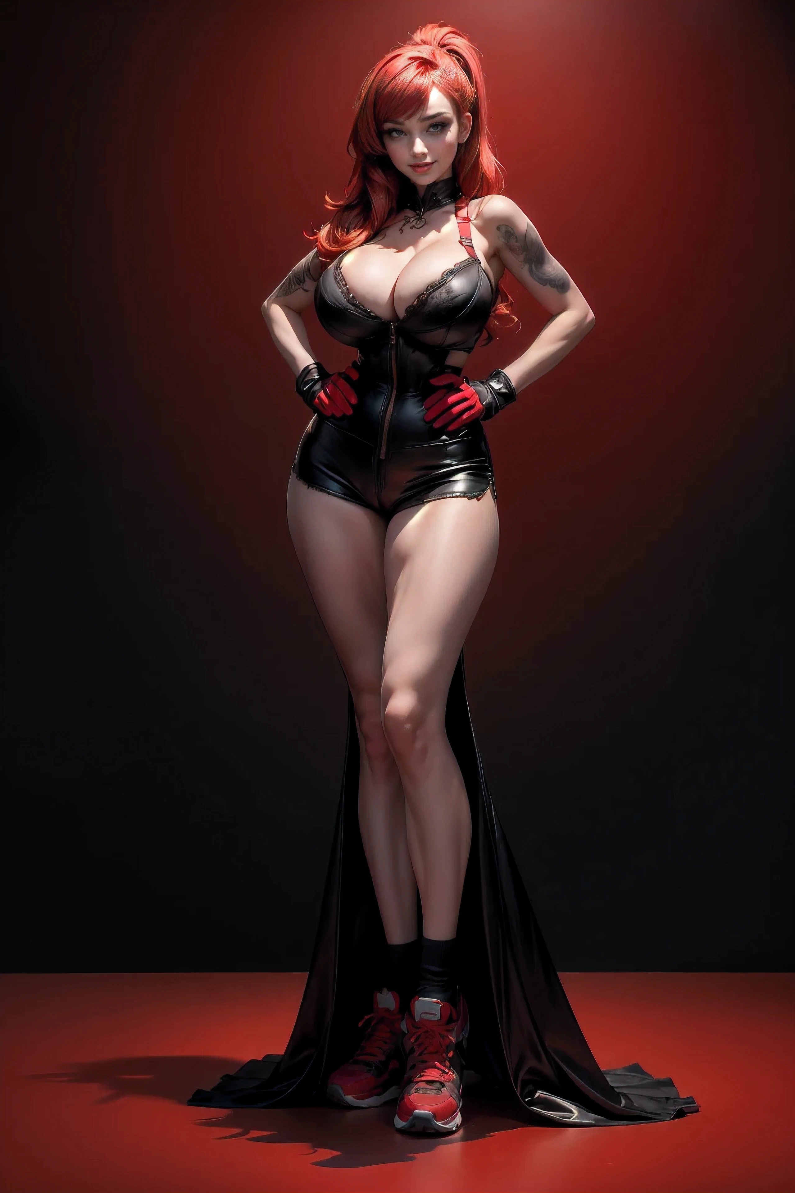 realistic, 1girl, (solo:1.1), woman, boxer, black hearts, red hair, long hair, ponytail, long forelock, blush, bra, smirk, seductive, posing, shorts, red background, thighs, round butt, gloves, sneakers, tattoos, full body, standing expressiveh (((full body))) , (((sexy pose, model pose, standing pose)))
