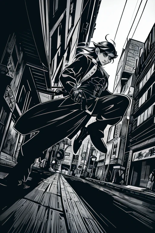 (best quality,4k,8k,highres,masterpiece:1.2),ultra-detailed,realistic:1.37,anime line art,line art,black and white,anime style,lineart,vivid colors,sharp focus,professional,sketchy style,expressive strokes,detailed shading,contrast:1.1,dark tones,emotional atmosphere,dramatic,high contrast lighting,intense shadows,stylized characters,catchy silhouettes,charismatic expressions,anime eyes,thin lines,flowing hair,long hairstyles,elaborate costumes,japanese culture,action scenes,dynamic poses,splashes of color,grayscale coloring,background-less characters,cityscape backgrounds,sci-fi elements,fantasy elements,magical effects,storytelling compositions,imagination,energy,passion,creativity