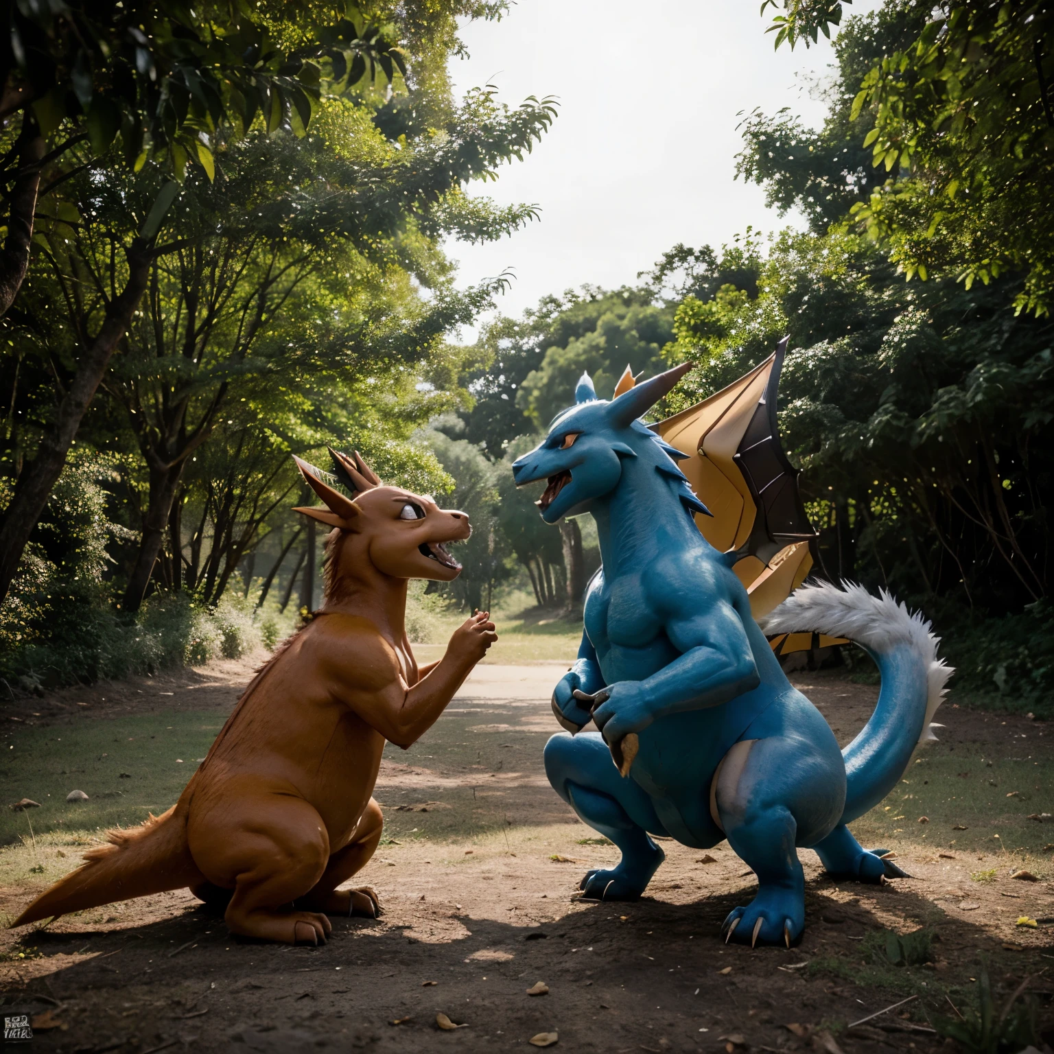 Crie uma cena onde o Charizard e o Samurott estejam juntos numa floresta