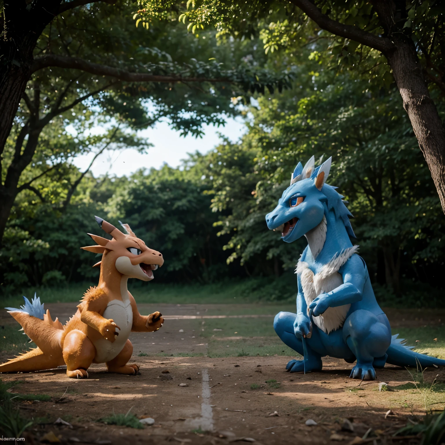 Crie uma cena onde o Charizard e o Samurott estejam juntos numa floresta
