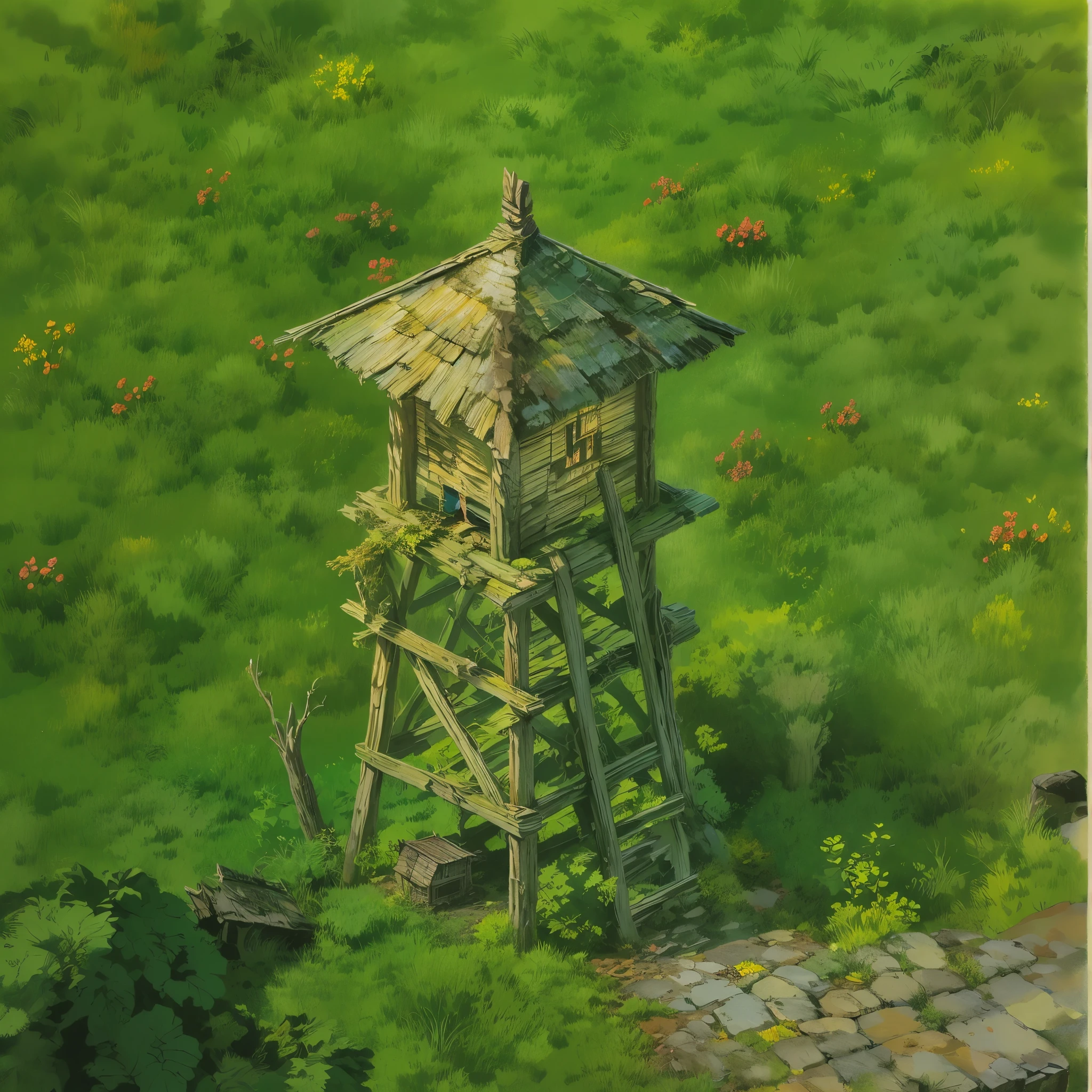 Hand painted illustration with marked strokes, de una torre de vigilancia hecha de madera y palo, con techo de paja seca, abandoned in the mountains, isometric, vista aerea, close up,