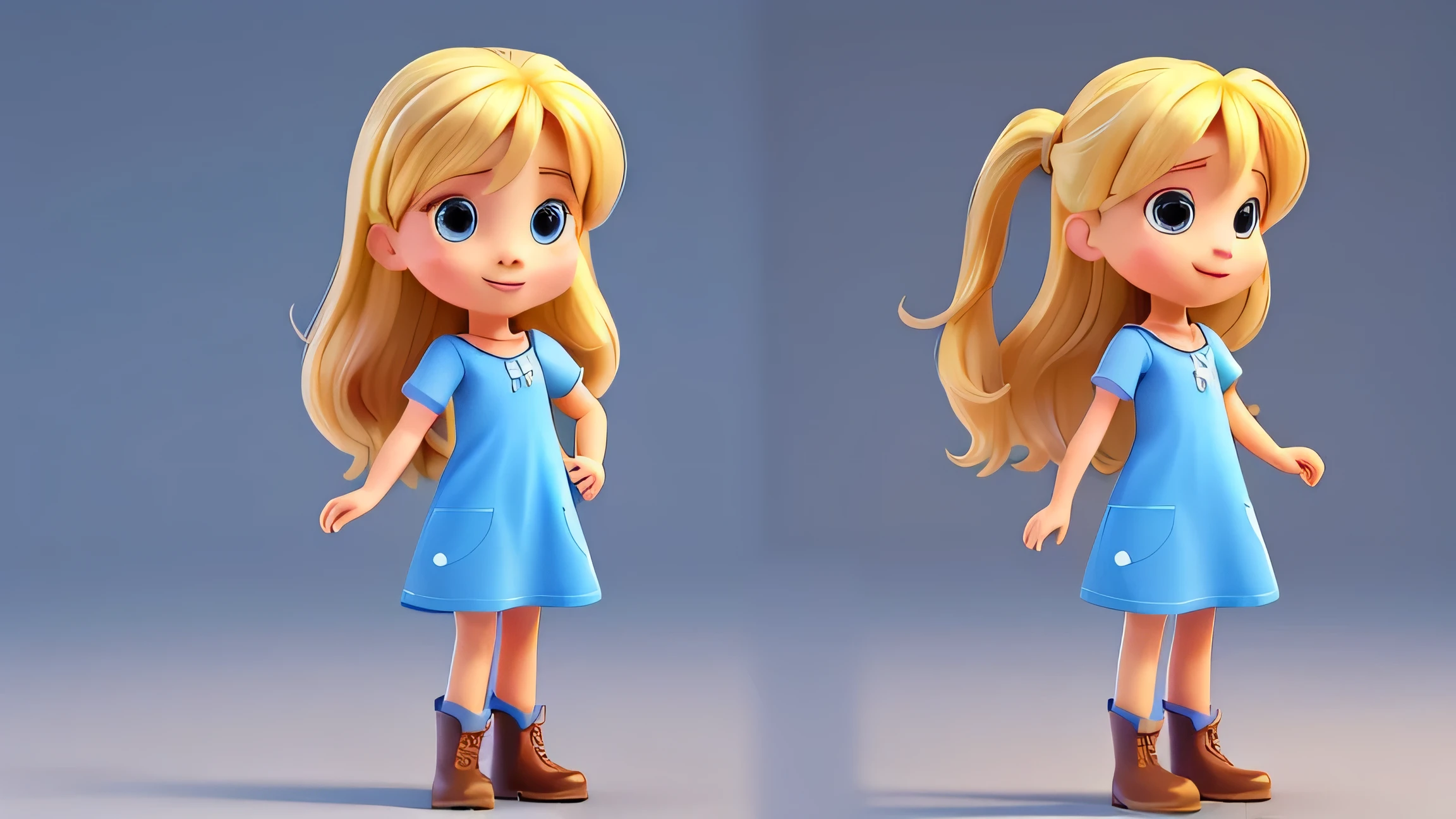 girl Maris, simple, cute, 5 , bright colors, blonde, straight and long hair, fair skin, blue short sleeve dress, black boots, multiple positions and expressions, happy. pixar style, 3d