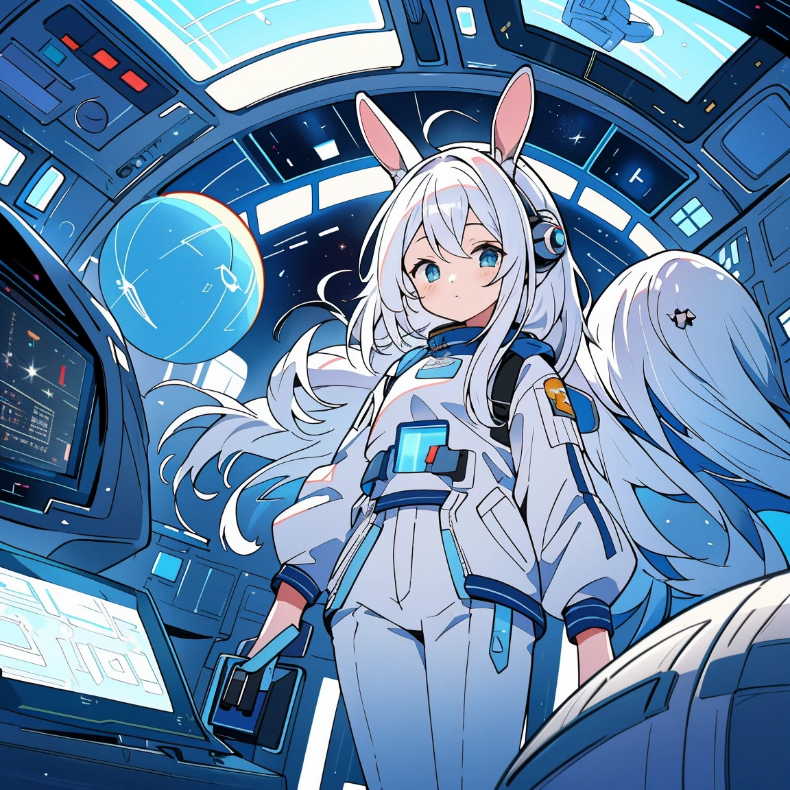 ((best qualtiy)), ((tmasterpiece)), ((ultra - detailed)), (illustratio), (Detailed light), (Extremely refined and beautiful), ((A cute girl with rabbit ears sits inside a spaceship and looks out the window:1.2)),((cowboy lens)), standing on your feet, Stylish white sweatshirt, Stylish white sports trousers, (beautidful eyes), long white hair, colored inner hair,(A spaceship cockpit full of technology), outerspace, milky ways, negative space, Detailed background