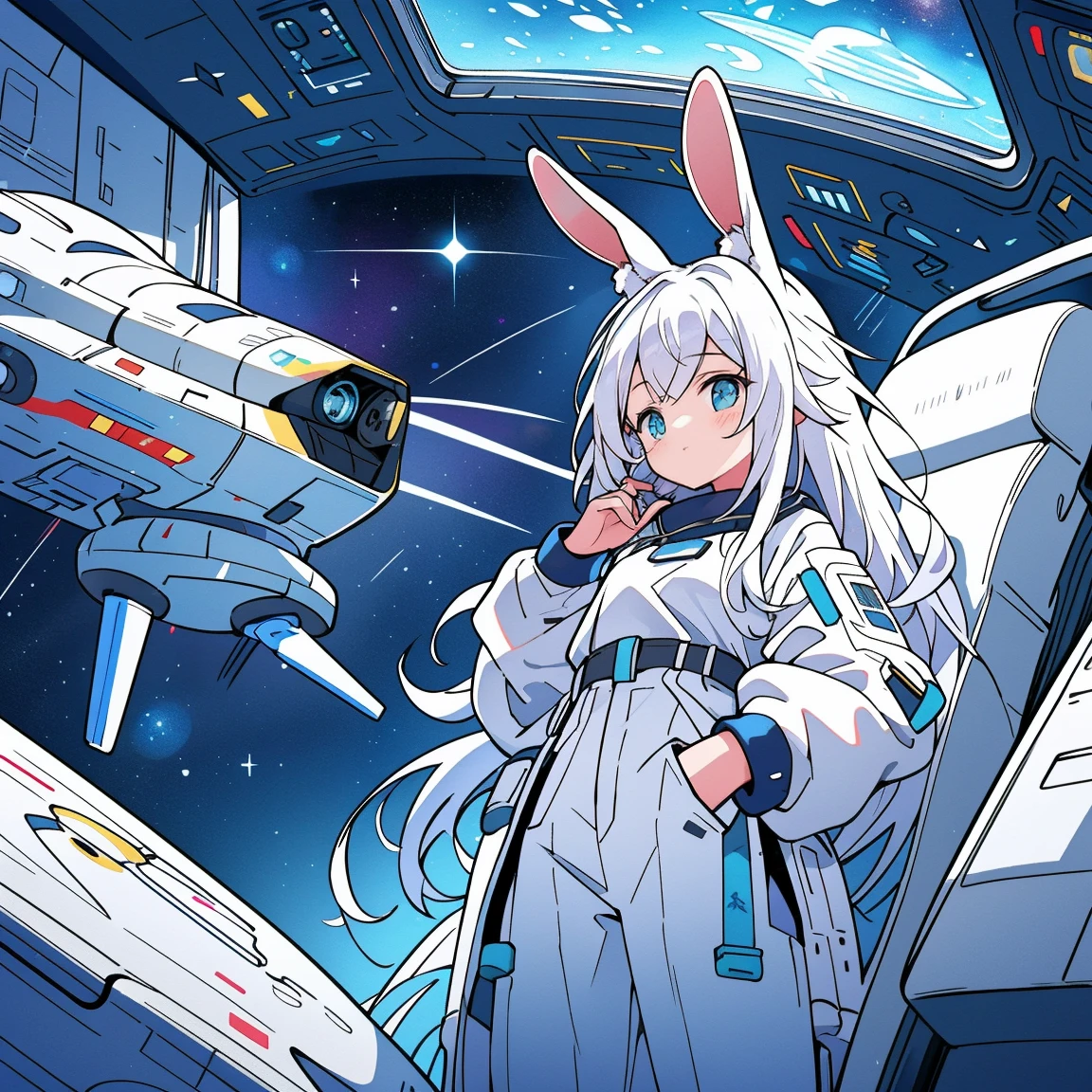 ((best qualtiy)), ((tmasterpiece)), ((ultra - detailed)), (illustratio), (Detailed light), (Extremely refined and beautiful), ((A cute girl with rabbit ears sits inside a spaceship and looks out the window:1.2)),((cowboy lens)), standing on your feet, Stylish white sweatshirt, Stylish white sports trousers, (beautidful eyes), long white hair, colored inner hair,(A spaceship cockpit full of technology), outerspace, milky ways, negative space, Detailed background