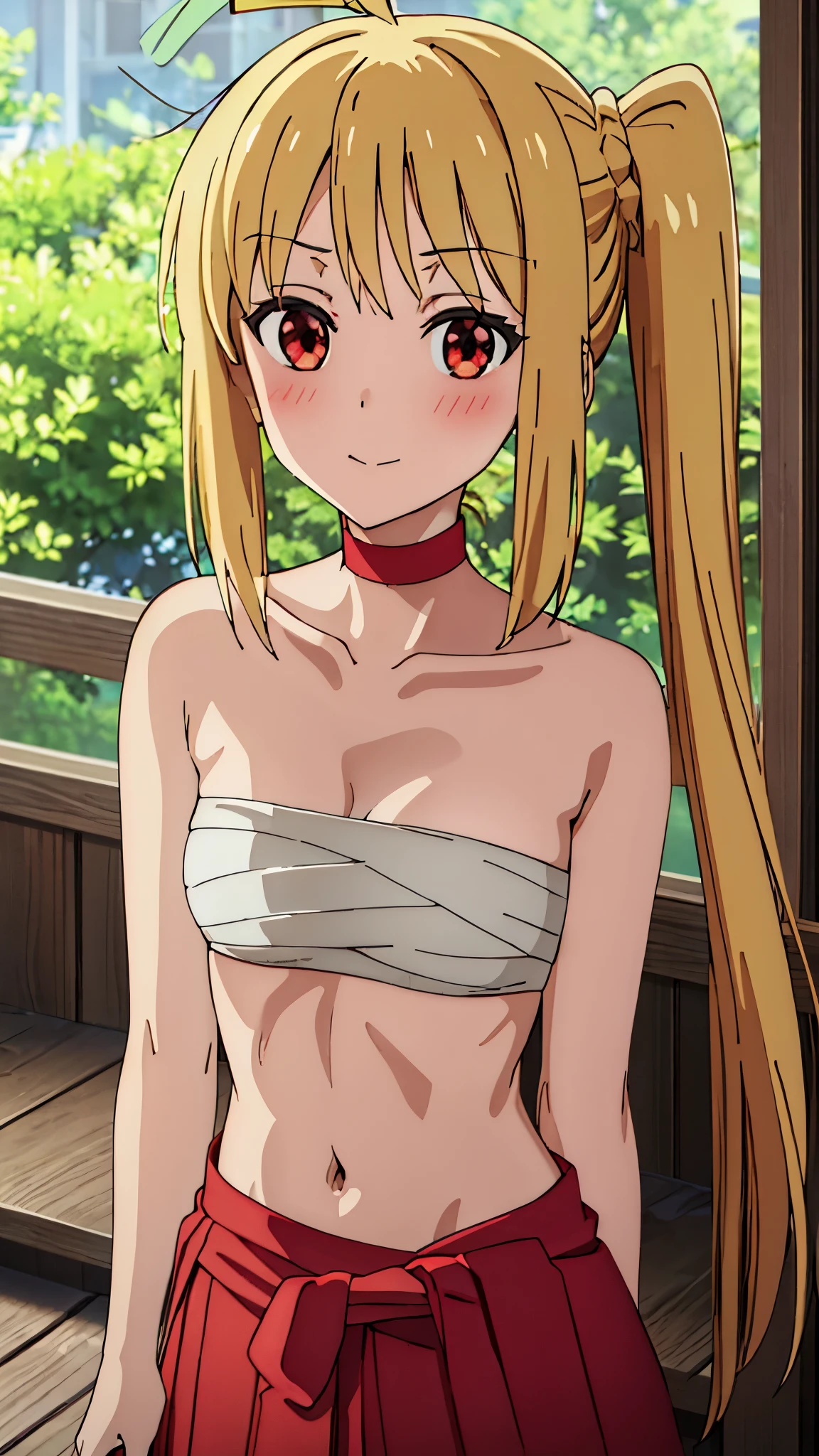 short girl, masterpiece, highres, solo, 8k, detailed, perfect face, best quality, (ultra high quality), (looking at viewers), (armpit), collarbone, bare arms, bare shoulders, small breasts, cleavage, blonde hair, long hair, side ponytail, ahoge, red eyes, belly, stomach, navel, abs, sarashi chest, bandaged breast, (red hakama), slim body, upper body, smile, blush, closed mouth, at forest, hand up