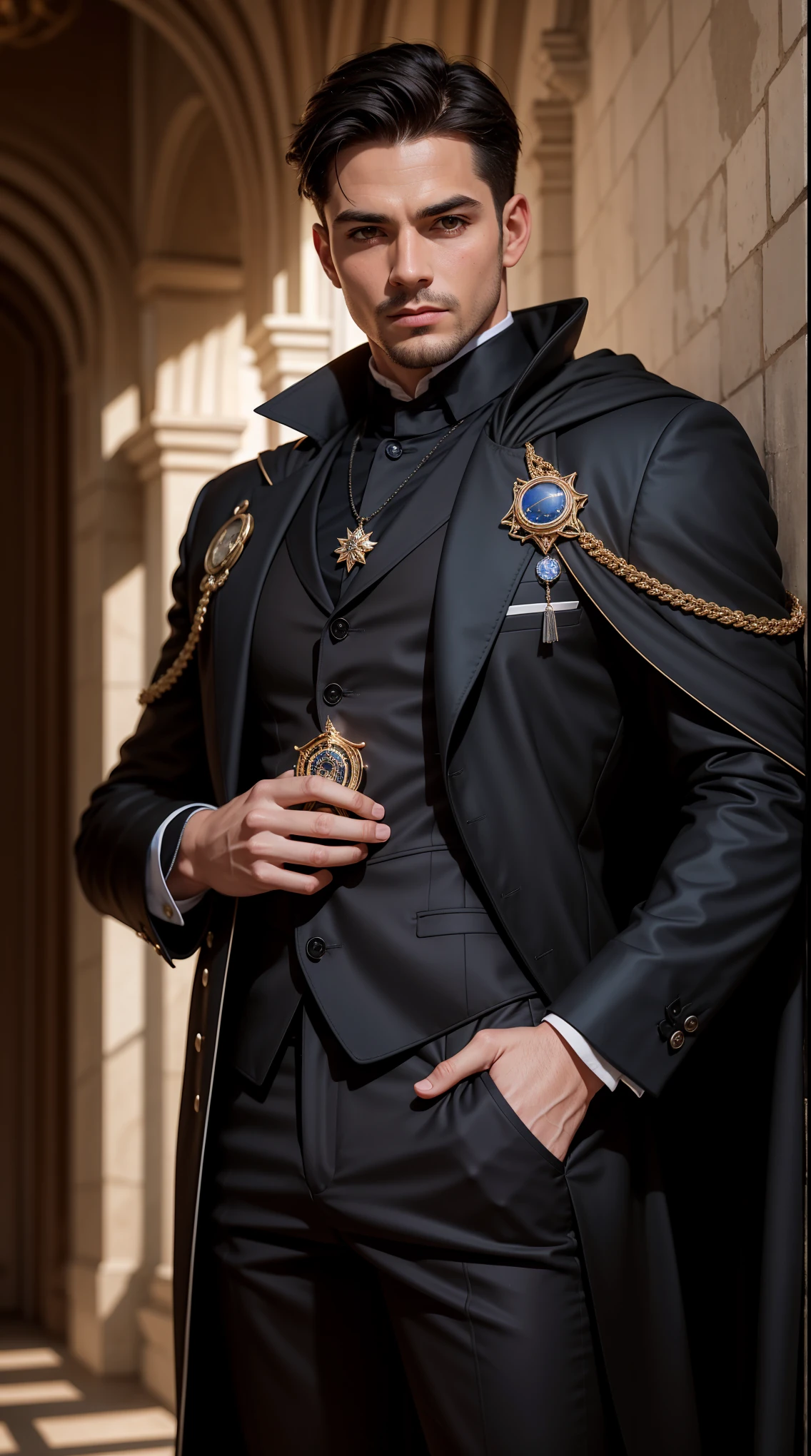 "((photorealism, high quality, detailing)), (half of the body) Strong man, Male appearance, Majestic magician-alchemist, short dark hair, A European view, modernity, 21st century, Stylish black suit, long black cloak, magical atmosphere".