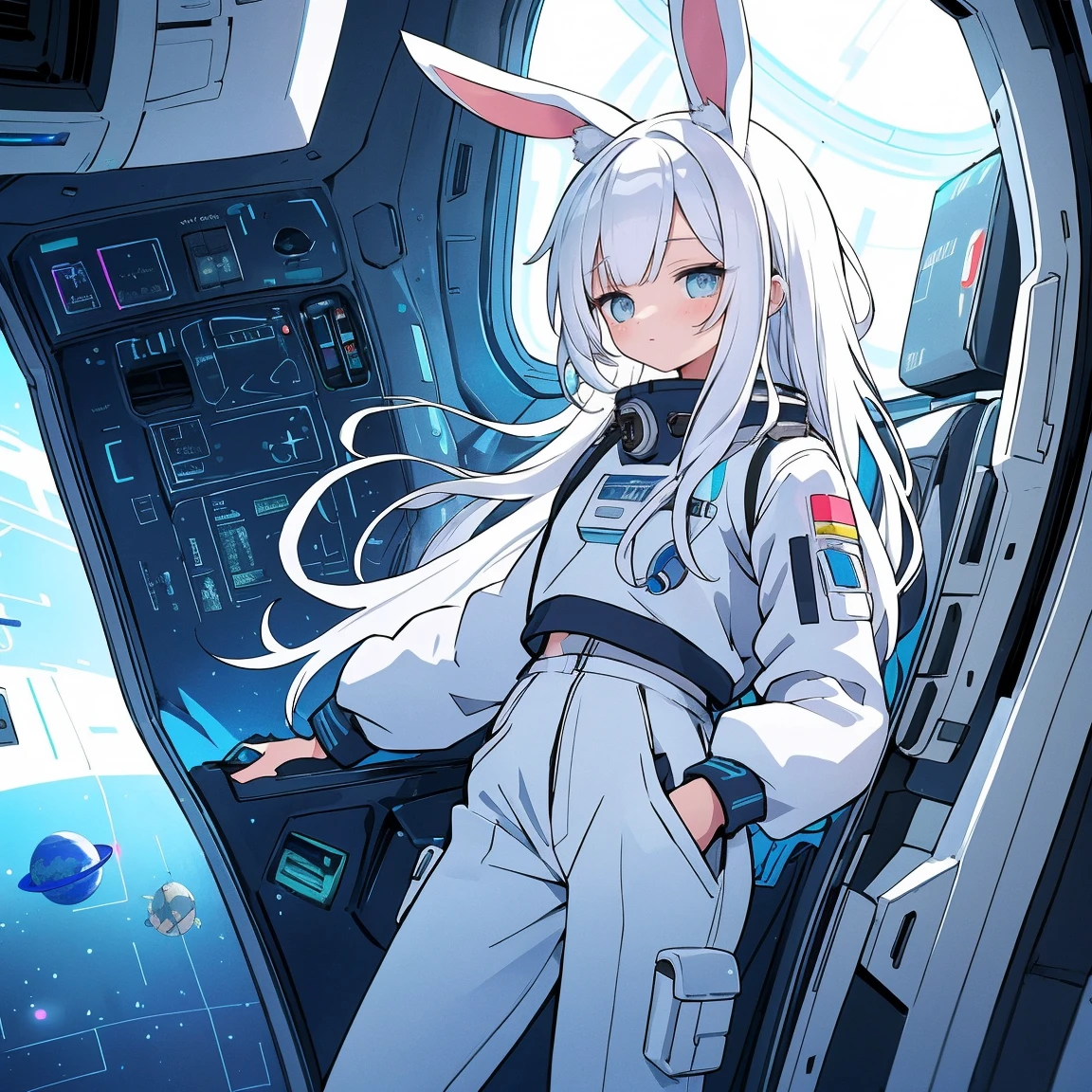 （（best qualtiy））， （（tmasterpiece））， （（ultra - detailed））， （illustratio）， （Detailed light）， （Extremely refined and beautiful）， （（A cute girl with rabbit ears sits inside a spaceship and looks out the window：1.2）），（（cowboy lens））， standing on your feet， Stylish white sweatshirt， Stylish white sports trousers， （beautidful eyes）， long  white hair， colored inner hair，（A spaceship cockpit full of technology）， outerspace， milky ways， negative space， Detailed background