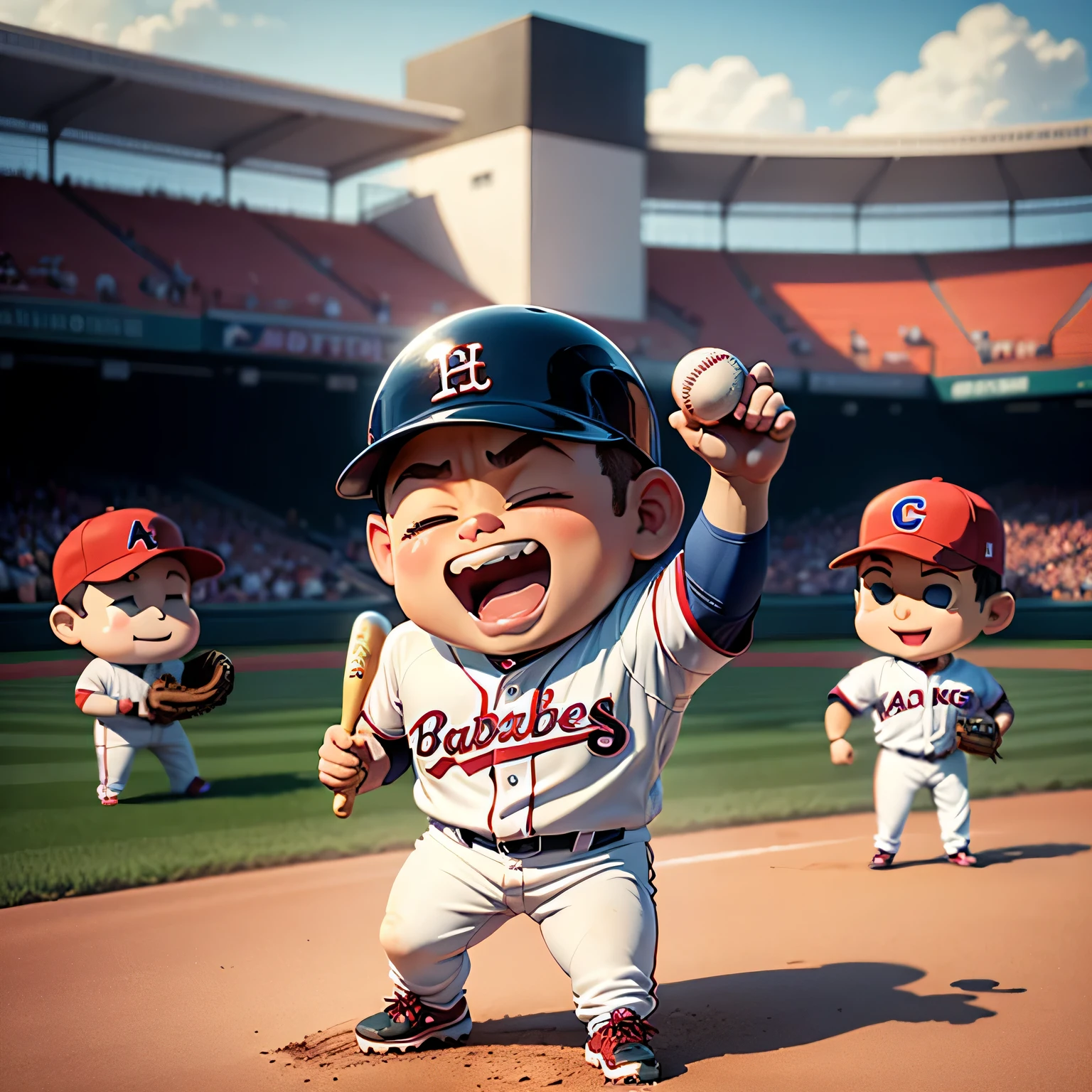 masterpiece、highest quality、super detailed、(chibi character Major League Baseball players:1.2)、short hair、Baseball Uniforms、Are standing、laughter、Baseball ground in the background、