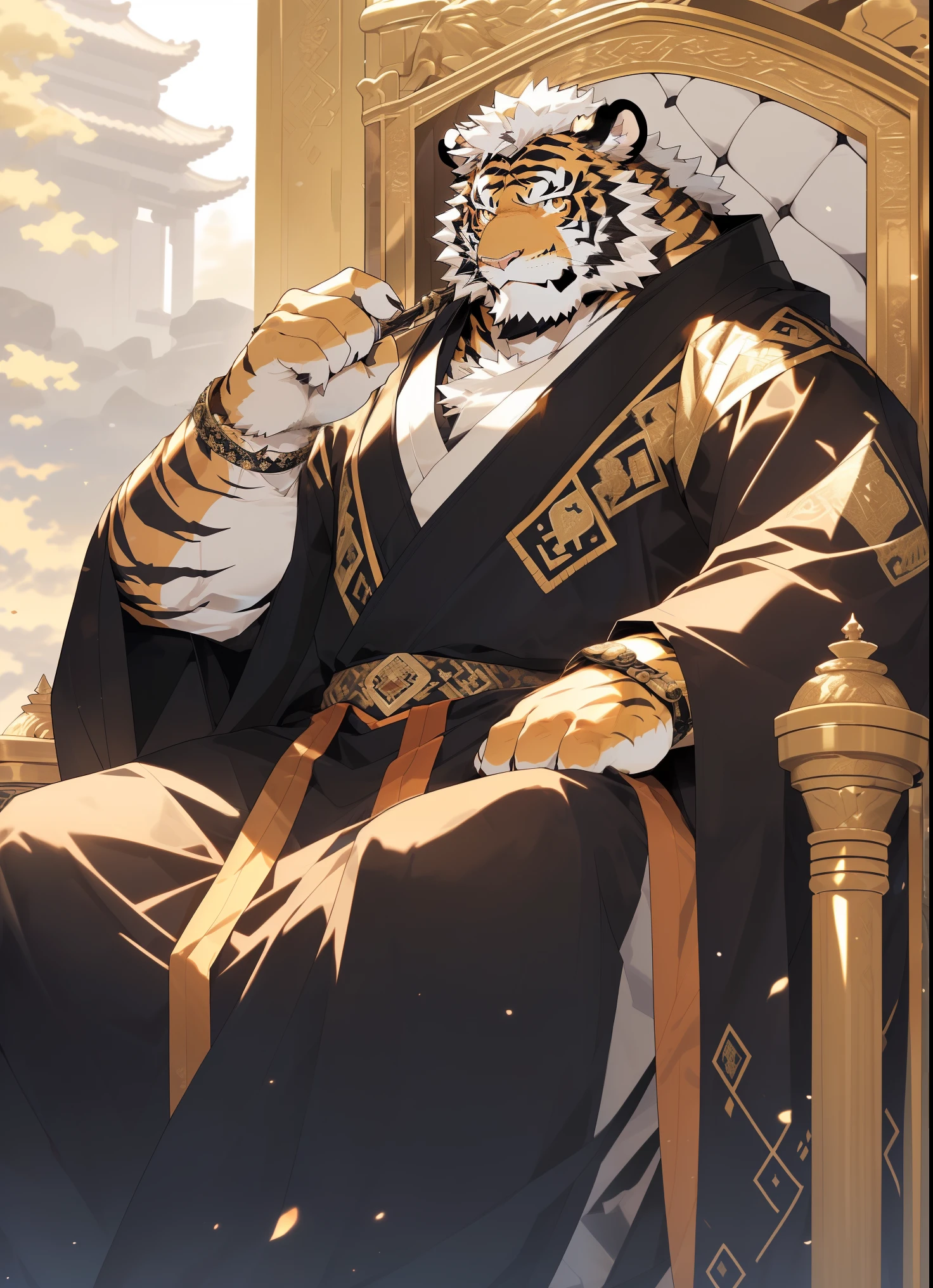 hairy,(tiger,Dark black dragon robe),beard,golden fur,white short hair,male,brown eyes,Common,Sit on the throne,full-body shot,emperor,in the palace,detailed background,极其lifelike阴影,masterpiece,Very detailed,lifelike
