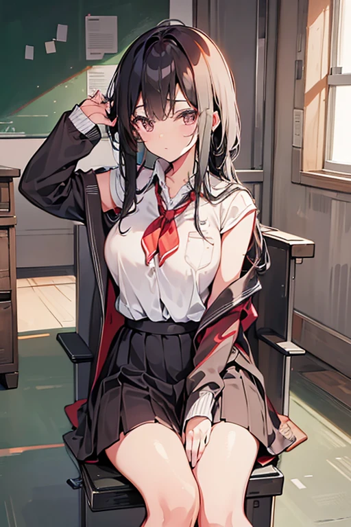 Best Quality,masutepiece,fullnude,look down on, Upper body,silber hair,Strands of hair,Fair skin,Classroom,tiny chest、Take off your uniform, Bow, Red bow, Long sleeves, Shirt, Collared shirt, White shirt, Skirt, Pleated skirt, Black skirt, tiny chest、looking at the viewers, BREAK (masutepiece:1.2), Best Quality, High resolution, Unity 8k壁纸, (Illustration:0.8), (Beautiful detailed eyes:1.6), extra detailed face, Perfect Lighting, extremely details CG, (Perfect hands, Perfect Anatomy),A smile、(Skirt lift:1.3), (white panties:1.3)、(Skirt that rolls up:1.3)、(Fully exposed panties:1.5)
