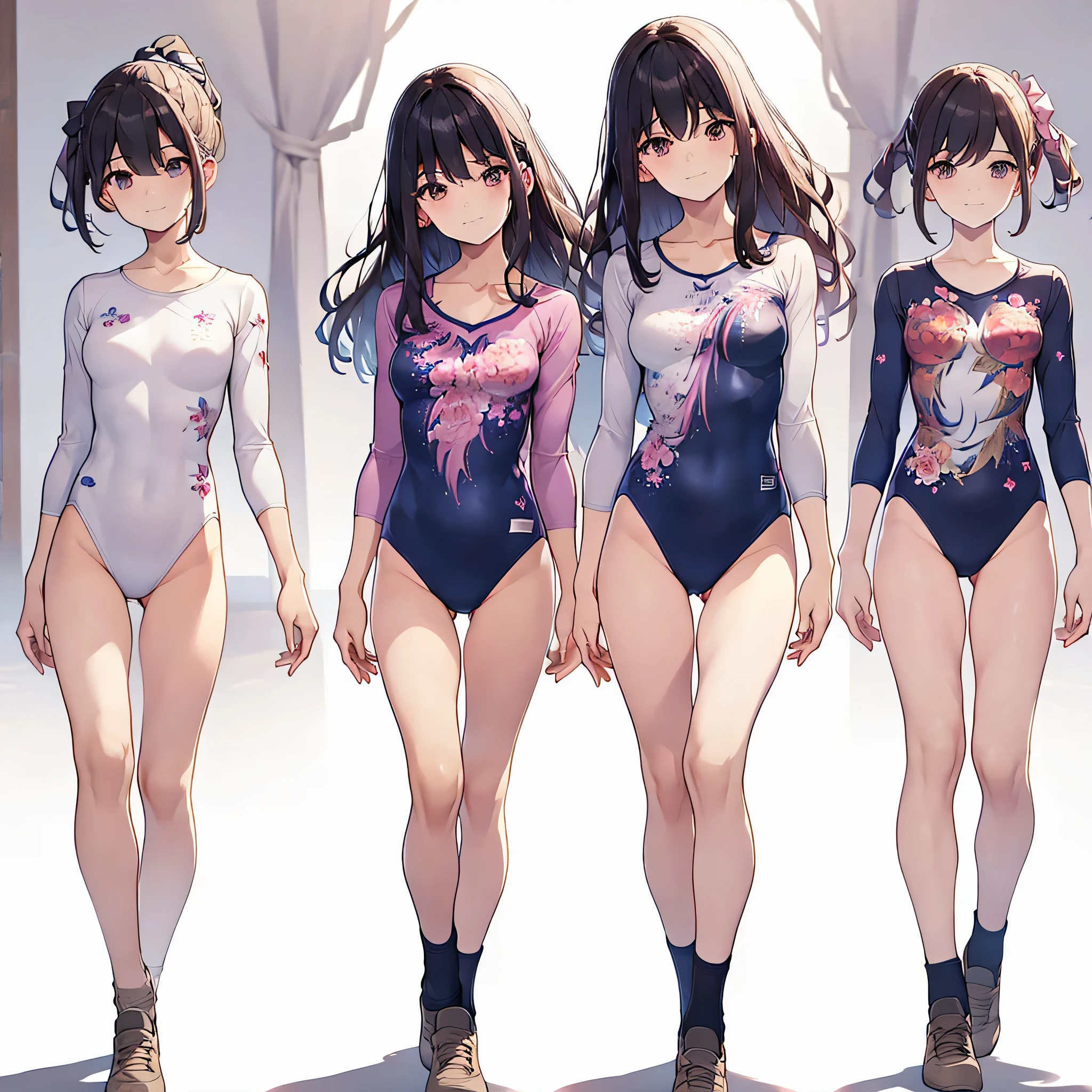 ((full body)),(masterpiece, best quality), (2 girls1.5) ,((Contrapposto:1.5)), looking at viewer, walking,((v_arms:1.2)), (wearing gymnastics_longsleeves_leotard_outfit leotard:1.3),(pink leotard) ,(floral print leotard:1.3),{{wearing gym suit:1.3 }}, BREAK masterpiece black hair, ((long hair:1.2)), ((parted bangs:1.3)), black eyes, good hand, ((small breasts)), (over 20 years old, under 25 years old:1.2), , spotlight, happy, smile, BREAK in the class room