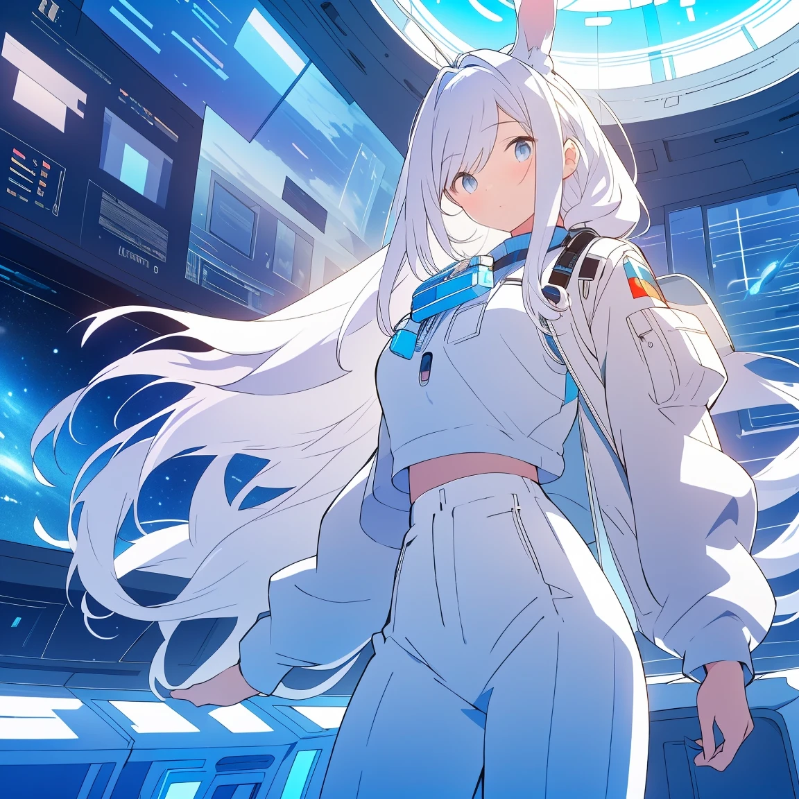 ((best qualtiy)), ((tmasterpiece)), ((ultra - detailed)), (illustratio), (Detailed light), (Extremely refined and beautiful), ((A cute girl with rabbit ears sits inside a spaceship and looks out the window:1.2)),((cowboy lens)), standing on your feet, Stylish white sweatshirt, Stylish white sports trousers, (beautidful eyes), long white hair, colored inner hair,(A spaceship cockpit full of technology), outerspace, milky ways, negative space, Detailed background
