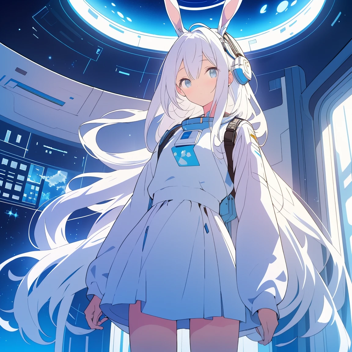 calidad 4K，best high resolution gamer room 1 girl blue eyes white hair  in bunny suit long stockings  