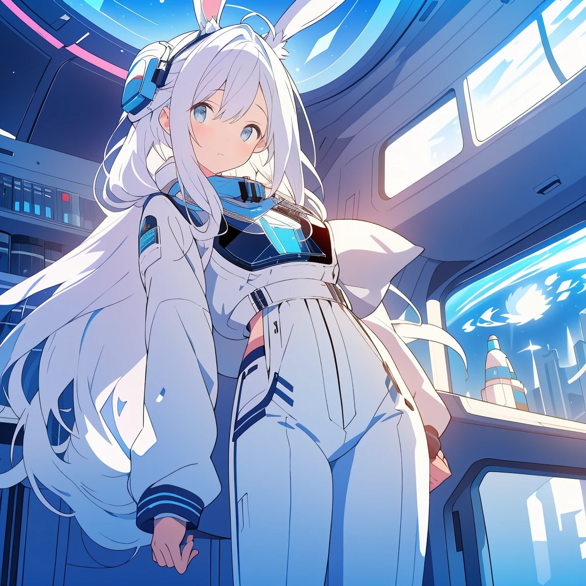 （（best qualtiy））， （（tmasterpiece））， （（ultra - detailed））， （illustratio）， （Detailed light）， （Extremely refined and beautiful）， （（A cute girl with rabbit ears sits inside a spaceship and looks out the window：1.2）），（（cowboy lens））， standing on your feet， Stylish white sweatshirt， Stylish white sports trousers， （beautidful eyes）， long  white hair， colored inner hair，（A spaceship cockpit full of technology）， outerspace， milky ways， negative space， Detailed background