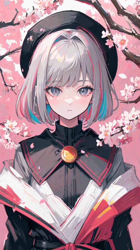 (shape: giant gram), (flat color:0.9),(colorful:1.1),(masterpiece:1,2), highest quality, masterpiece, High resolution, original, highly detailed wallpaper, looking at the viewer,1 girl,alone,portrait,cherry blossoms,gray hair,short bob