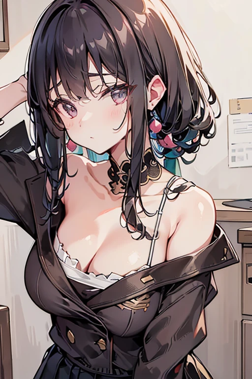 (best quality,4k,8k,highres,masterpiece:1.2),ultra-detailed,(realistic,photorealistic,photo-realistic:1.37),gentle,beautiful,women,portrait,half-body,exquisite,sensual,clavicle,enticing,oval face,beautiful detailed eyes,smart almond-shaped eyes,pink lips,small nose,bare shoulders,focused face,close-up of face,HD,Ultra-high Definition,Super Fine Detail,elegant posture,black British college style double-breasted casual loose Korean version of a small suit jacket, matched with a black pleated skirt outfit