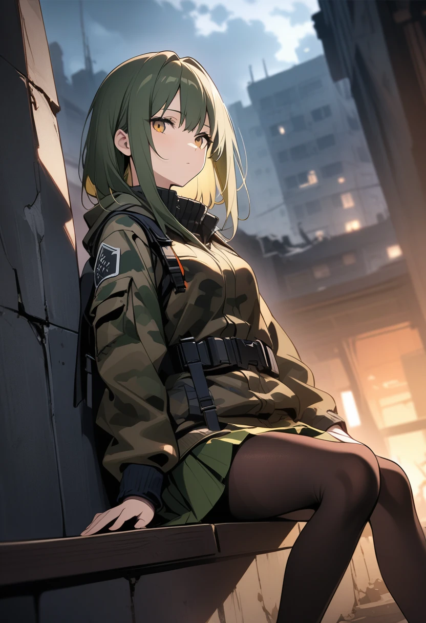arknights，Top image quality，illustration，masterpiece，cinematic shadow，cinematic light，solo，((low angle))，front view，a woman，yellow hair，Single ponytail hairstyle，close mouth，(With a pistol)，Wear a camouflage jacket，Armed belts，pleated skirt，Knee pads，(pantyhose)，Sitting on the ground，Leaning against the wall，ruins background，(cloudy day)，[at night]，background blur，dark feeling，bleak